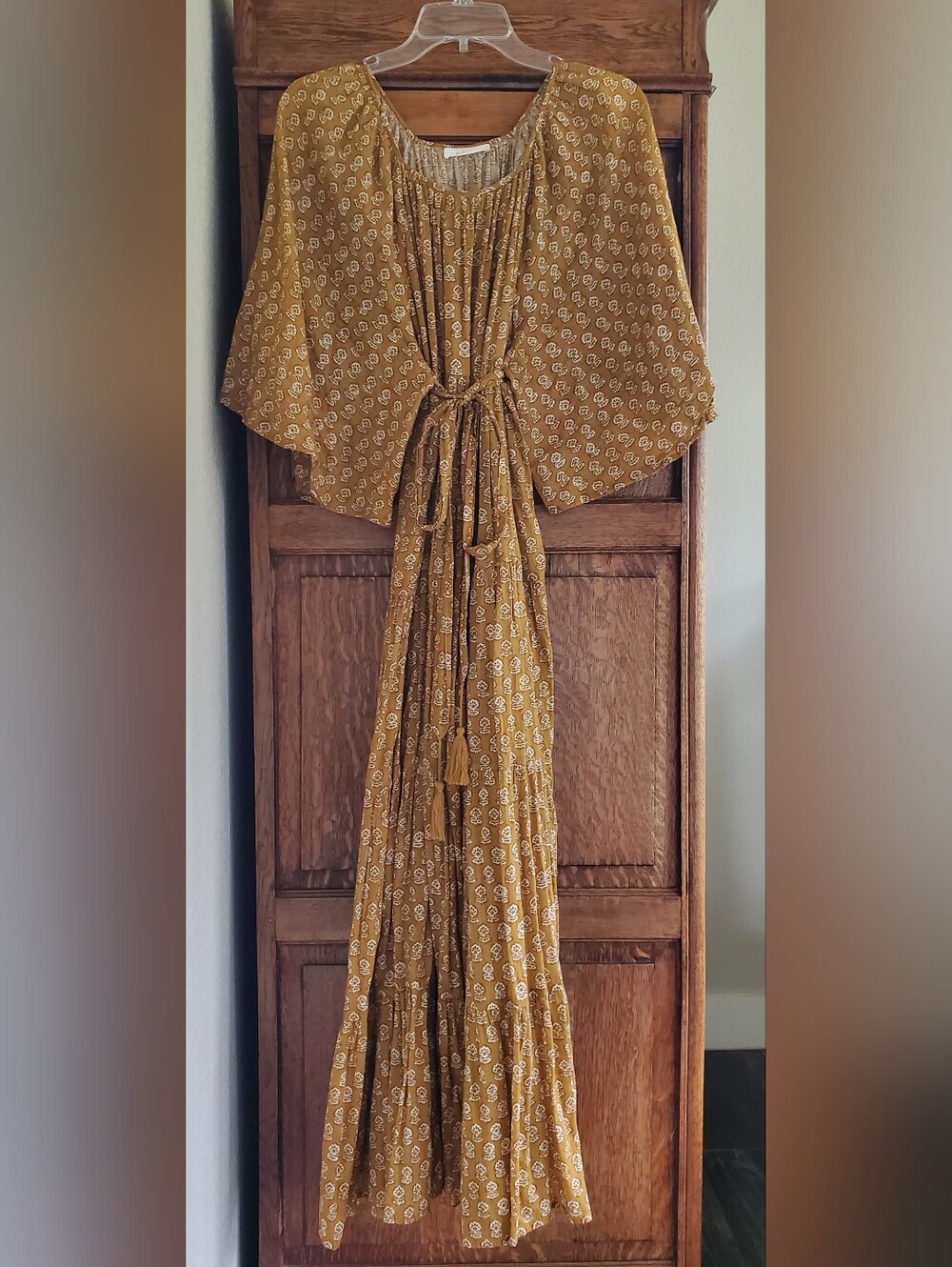 DOEN *RARE* SORREL BLOCK PRINT FLUTTER SLEEVE SELF TIE BELT TIERED MAXI MEDIUM